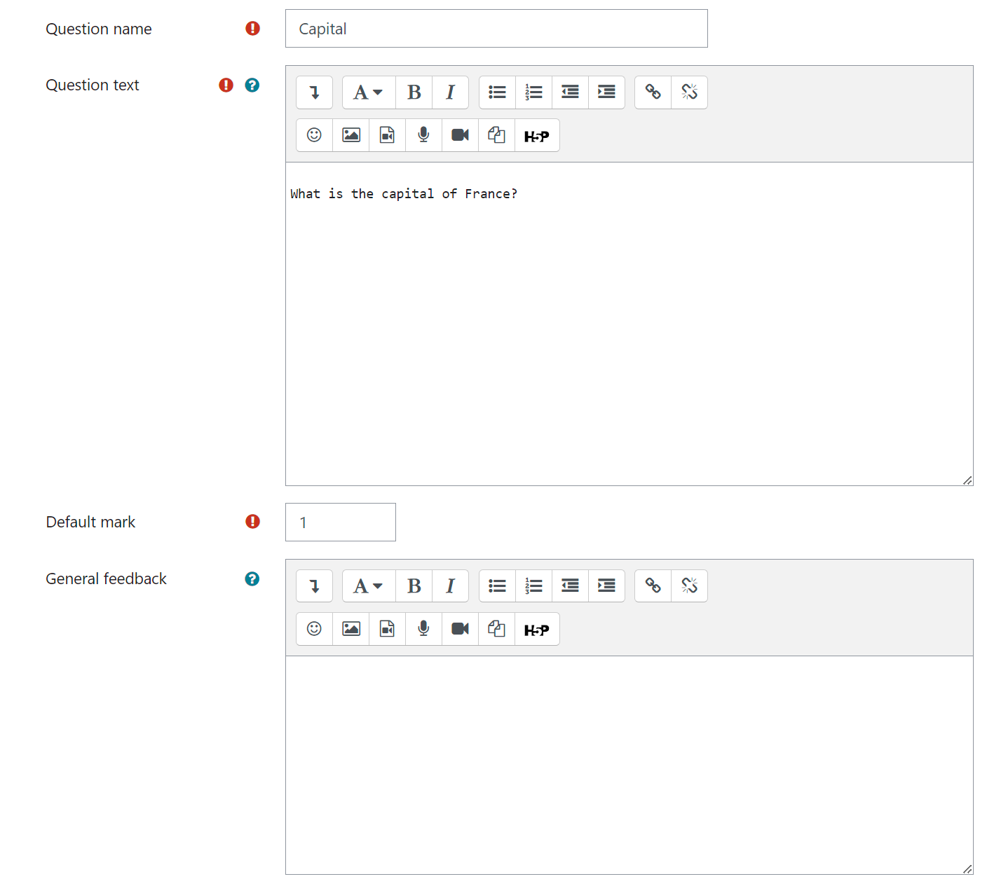 TU Grade exercise configuration - question text editor