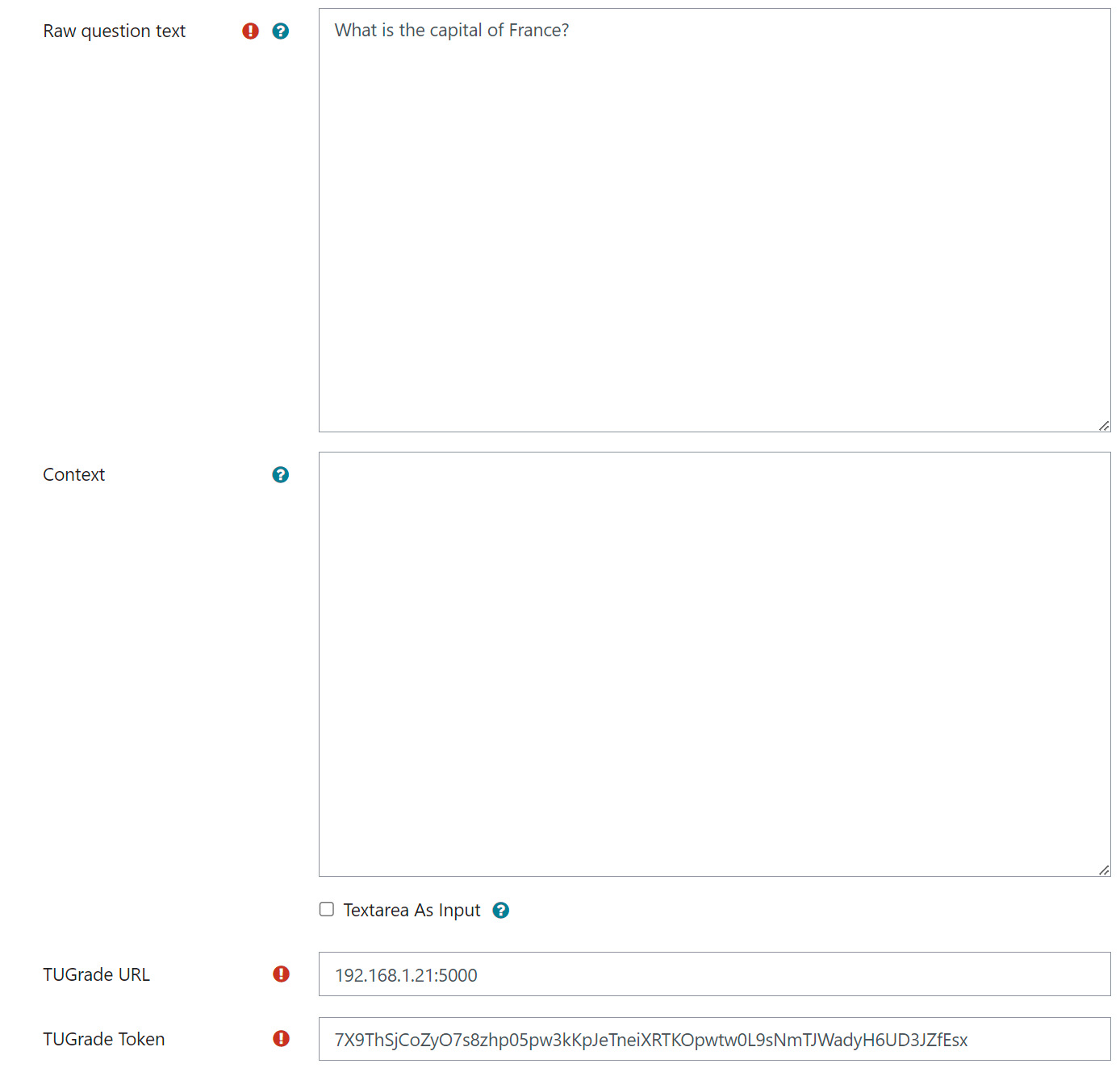 TU Grade exercise configuration - raw question text and API settings